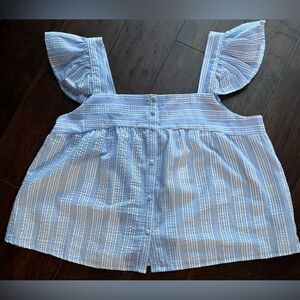 Blu Pepper Baby Blue & White Stripped Sleeveless Top Ruffle Sleeves Size L NWT